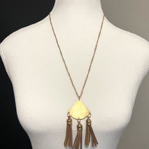 Gold Tone Triangle Leather Tassel Pendant Long Necklace 31"